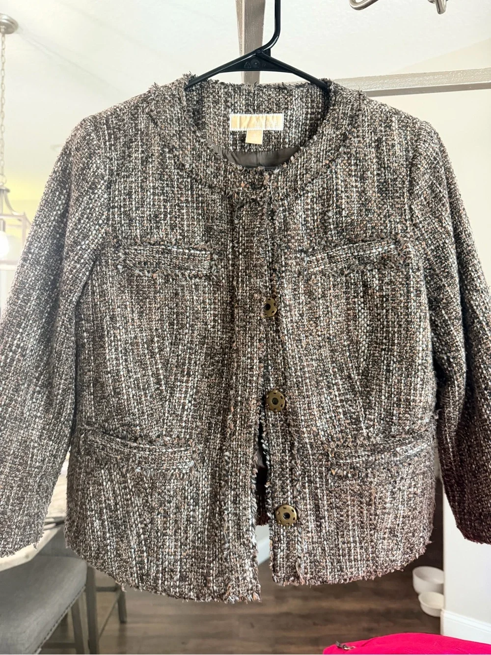 Michael Kors Gray Textured Tweed Collarless Jacket